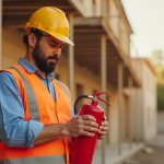 Male on constrcution site holding a small fire extinguisher