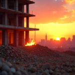 construction site with a small fire in the background
