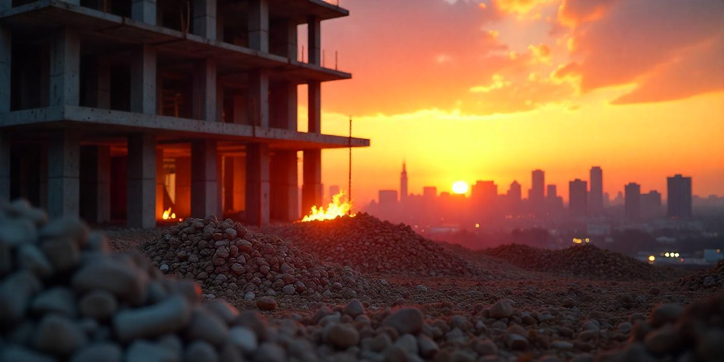 construction site with a small fire in the background
