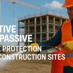 Construction work on site holding a fire extinguisher