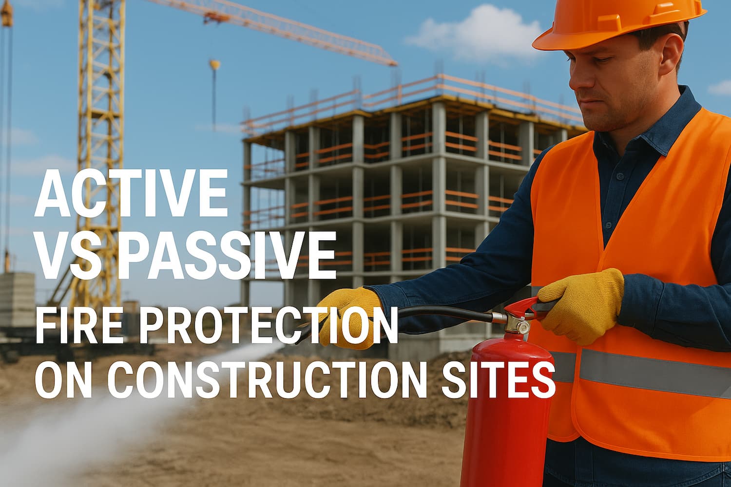 Construction work on site holding a fire extinguisher