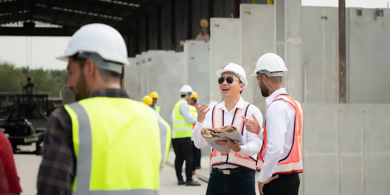 Construction workers keeping record of discussion on site