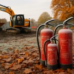 fire extinguishers and crane on a site in autumn