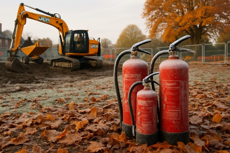 fire extinguishers and crane on a site in autumn