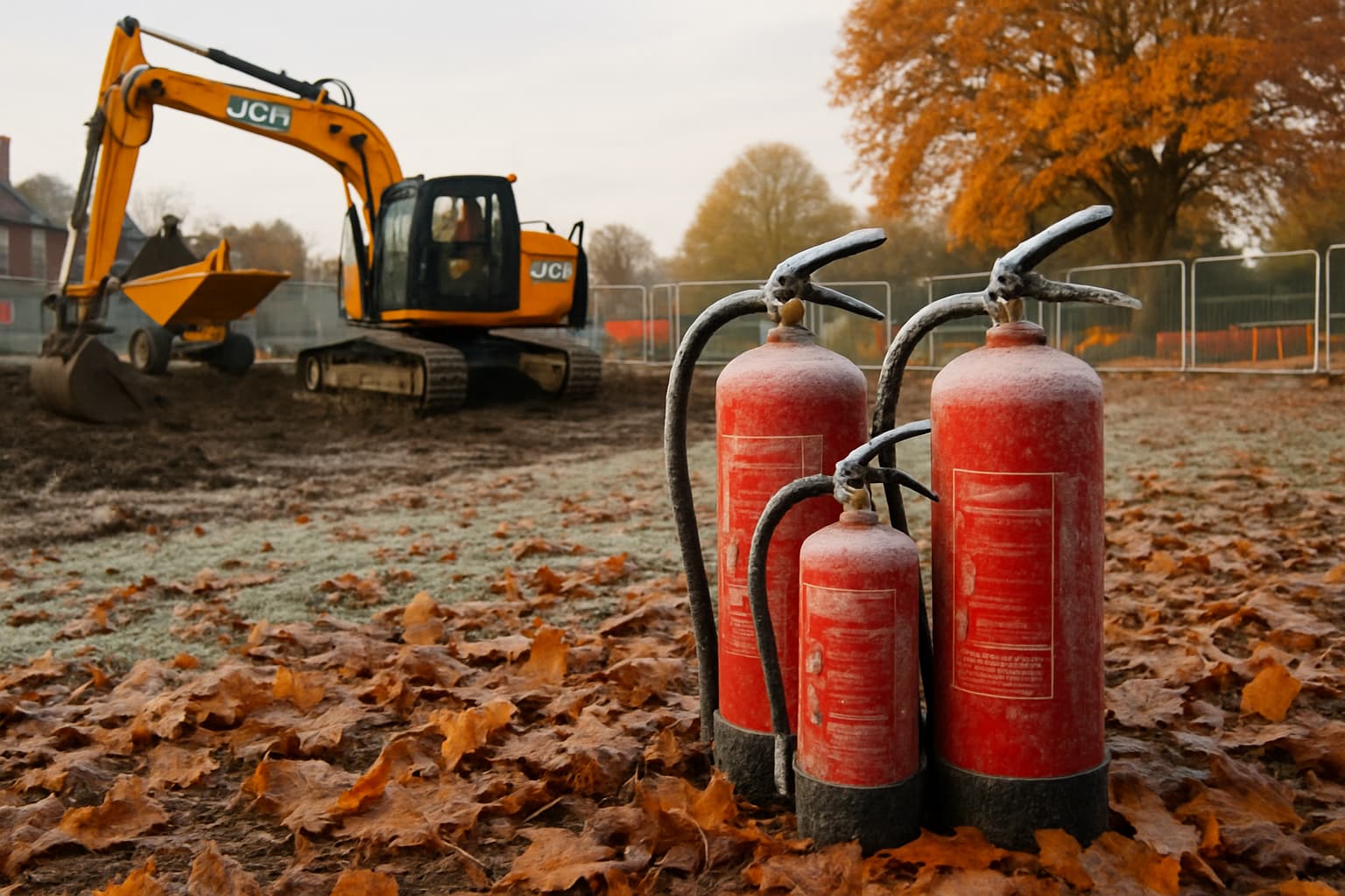 fire extinguishers and crane on a site in autumn