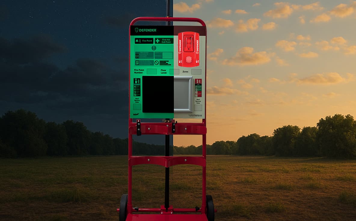 FIREFLY technology in action on a Defender trolley. Showing day/night photoluminescent backboard split.